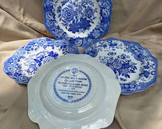 Spode Blue Room Garden British Flowers in salad plate and dinner plate sizes.