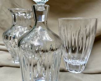 Waterford "Carina" crystal vase (left).  Marquis by Waterford "Sheridan" decanter (center).  Marquis by Waterford "Carina" crystal vase (right).