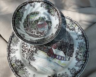 English made Johnson Brothers "Friendly Village" plates, bowls, cups and tea service.