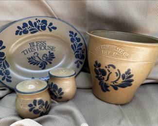 Pfaltzgraff folk art "Bless This House" platter, salt and pepper set and planter/utensil holder.