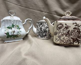 Margaret Mitchell House and Garden tea pot (left).  Royal Doulton Provence tea pot (center).  Burton + Burton Antoinette tea pot (right).