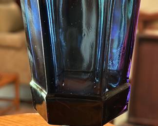 Variety of vintage Fostoria Virginia blue glasses.  Pictured is one of eight available ice tea glasses.  Other blue glasses available.