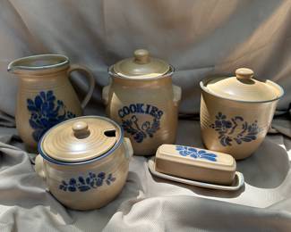 Pfaltzgraff folk art pitcher, cookie jar, lidded crocks and butter dish.  