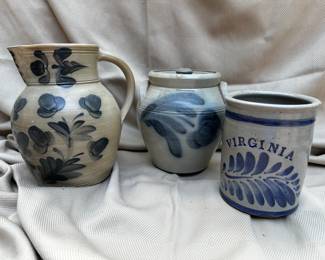Wisconsin Pottery cobalt salt glaze pitcher (left).  Wisconsin Pottery salt glaze handled cookie jar (center).  Virginia ceramic crock (right).