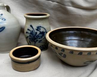 Evergreen Pottery jug (left).  Wisconsin Pottery salt glazed crock (rear center).  Wisconsin Potter large salt glazed batter bowl (right).  Small Wisconsin Pottery bowl (front center).