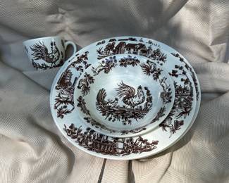 English made Williamsburg Rooster Toile plates, bowls, cups.