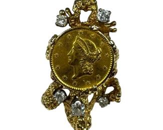 14kt Yellow Gold and Diamond Coin Ring 9pt9 Grams