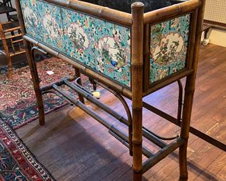 SUPERB ANTIQUE BAMBOO PLANTER with inset polychrome tiles