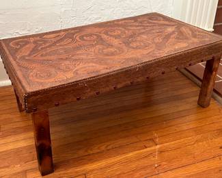 HANDSOME VINTAGE HAND TOOLED LEATHER TOP TABLE
