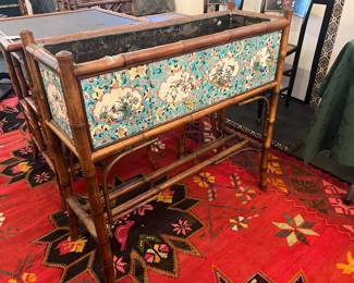 SUPERB ANTIQUE BAMBOO PLANTER with inset polychrome tiles