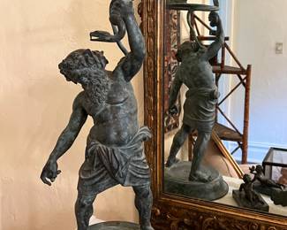 SUPERB ANTIQUE BRONZE POSEIDON FIGURAL FISHBOWL STAND