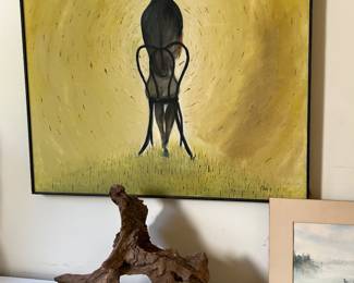 SIGNED OIL ON CANVAS AND DRIFTWOOD SCULPTURE