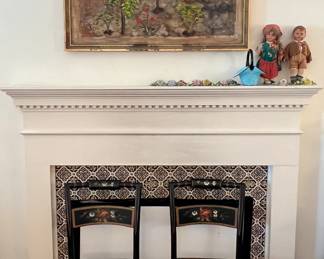 OIL ON CANVAS BY JENNIFER PUTLITZER AND PAIR OF HITCHCOCK  STYLE CHAIRS