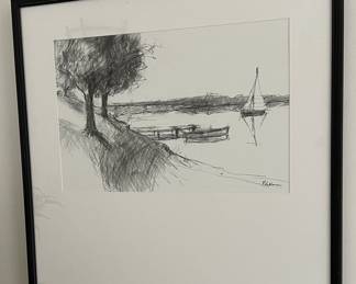Art Pencil Drawing w Sailboat by P. LeBlanc Hearth & Hand Magnolia Waterfront