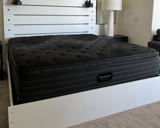 King Paneled Bed Frame w Attached Lamps, King Beautyrest Black Mattress w BS, Anthony Table Lamps pr, Black Nightstands pr, Arched Mirrors pair