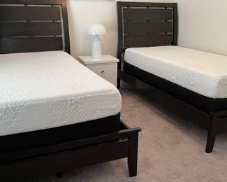 Living Spaces Twin Sleigh Beds, Healthcare Twin Mattresses, Design Evolution Nightstand, Table Lamp