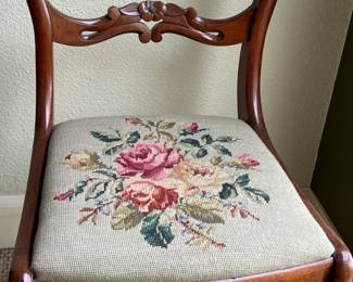 Vintage Carved Wood Needlepoint Chair 