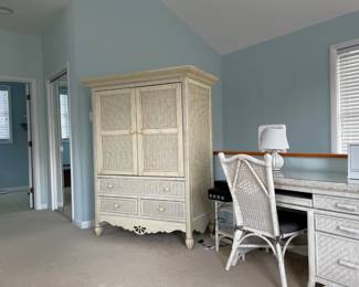 Wicker armoire; desk & chair