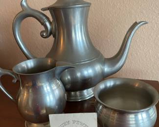 Woodbury Pewter Teapot, Creamer and Sugar Bowl
