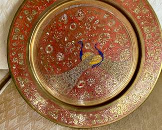 Painted and Etched Brass Peacock Platter