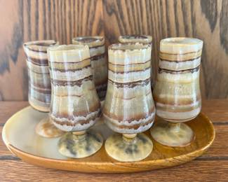 Set of 6 Carved Onyx Agate Cordial Glasses and Tray