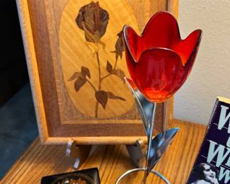 Red Glass Tulip Flower Candle Holder with Metal Stand