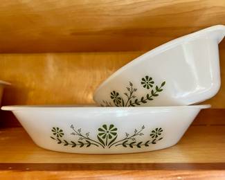 Pair of Glasbake Green Crazy Daisy Casserole Dishes