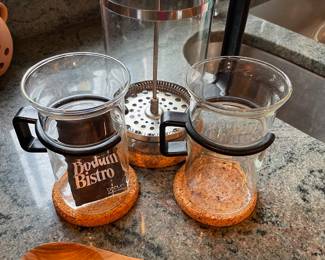 Pair of Bodum Bistro Tall Glass Mugs, Bodum Bistro French Press Coffee Pot, Olive Wood Serving Spoon