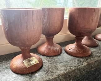 Set of 5 Cared Teak Wood Wine Glasses - Made in Thailand