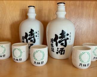 Two Gekkeikan Japan Sake Bottles, Set of 5 Sake Cups with Laurel Design