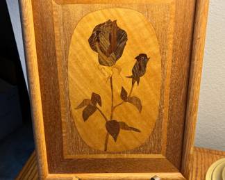 Marquetry Inlaid Wood Rose Artwork