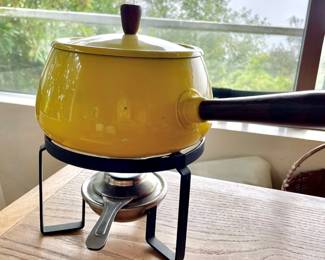 Mid Century Yellow Enamelware Fondue Set