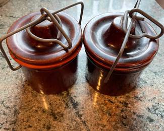 2 Brown Ceramic Canisters with Clamp Tops