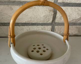 Bamboo Handled White Pottery Bowl Planter with Frog