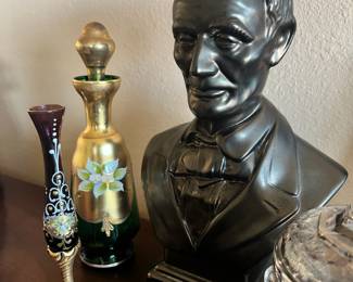 President Abraham Lincoln Ceramic Bust, Green & Gold Glass Decanter with Floral Design, Venetian Purple Glass Bud Vase with Hand Painted Design