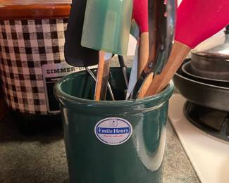 Emile Henry Green Ceramic Utensil Holder, Assortment of Kitchen Utensils
