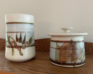 Pair of Matching Stoneware Pottery - Utensil Holder, Canister