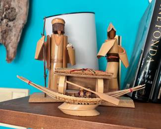 Japanese Kokeshi Doll Folk Art Boat, 2 Japanese Kabuki/Kokeshi Bamboo Doll Figurines