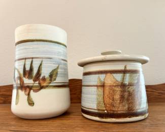 Pair of Matching Stoneware Pottery - Utensil Holder, Canister