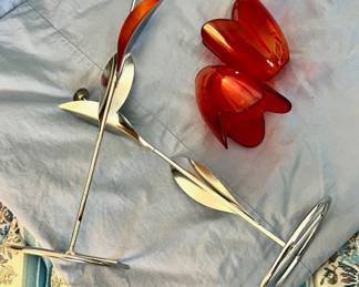 Red Glass Tulip Flower Candle Holder with Metal Stand