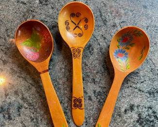 Set of 3 Folk Art Painted Wood Serving Spoons