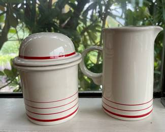 Cream Colored Creamer and Sugar Bowl with Red Stripe Design