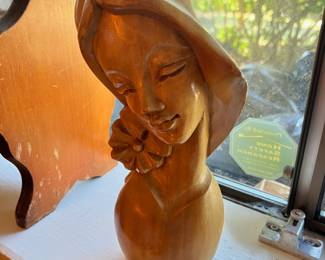 Polynesian Woman Bust Carved Monkey Pod Wood Sculpture