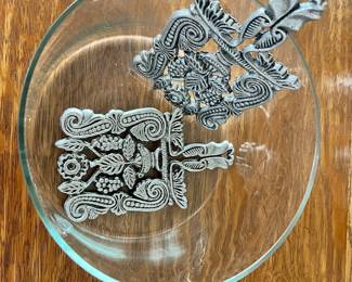 Pair of Aluminum Trivets with Grape Design, Glass Mixing Bowl