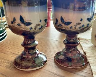 Pair of Japanese Otagiri Pottery Goblets with Butterfly Design