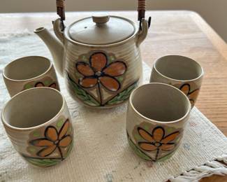 Japanese Stoneware Tea Set with Floral Design