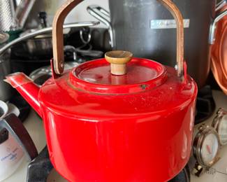 Mid Century Red Enamel Tea Kettle 