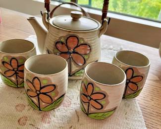 Japanese Stoneware Tea Set with Floral Design