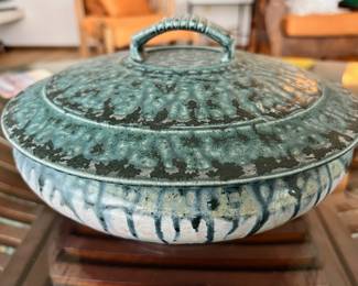 Turquoise Drip Glaze Pottery Lidded Steamer Dish