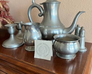Woodbury Pewter Teapot, Creamer and Sugar Bowl